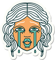 tattoo style sticker of a very happy crying female face