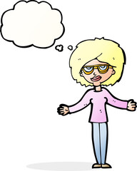 cartoon woman wearing spectacles with thought bubble