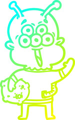 cold gradient line drawing happy cartoon alien with moon rock