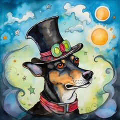 Whimsical dog sketch with top hat and monocle, watercolor painting, generative AI
