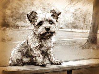 Adorable hand-drawn puppy sketch, sitting in a park, digital illustration, generative AI