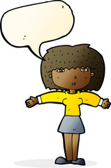 cartoon woman shrugging shoulders with speech bubble