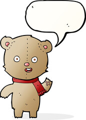 cartoon waving teddy bear with scarf with speech bubble