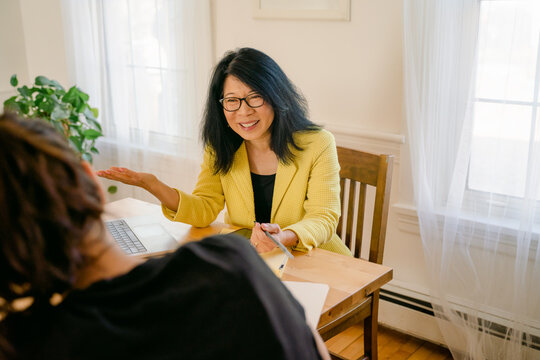 smiling and friendly woman during an interview