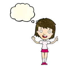 cartoon woman pointing with thought bubble