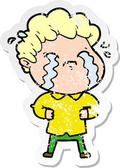 distressed sticker of a cartoon man crying