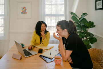 two women discussing a business project together 