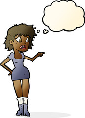 cartoon worried woman in dress pointing with thought bubble