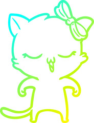 cold gradient line drawing cartoon cat with bow on head