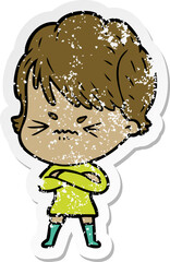 distressed sticker of a cartoon frustrated woman
