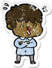 distressed sticker of a cartoon laughing boy