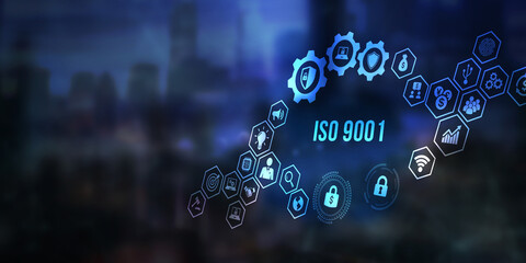 Internet, business, Technology and network concept. Virtual screen of the future with the inscription: ISO 9001. 3d illustration