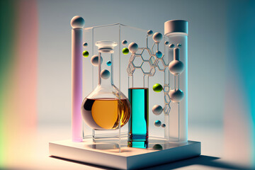 Perfumery production laboratory. Perfume bottles. Liquid essence oil with a molecule. Generative AI.