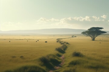 A minimalist landscape with a scenic savanna or grassland, Generative AI