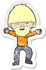retro distressed sticker of a cartoon happy man with beard