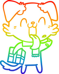 rainbow gradient line drawing cartoon panting dog with present