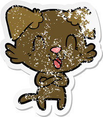 distressed sticker of a laughing cartoon dog
