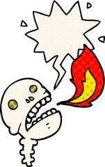 cartoon spooky halloween skull and speech bubble in comic book style