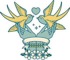 tattoo with banner of a tied hands and swallows