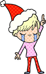 comic book style illustration of a woman crying wearing santa hat