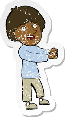 retro distressed sticker of a cartoon happy man showing