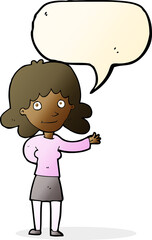 cartoon friendly woman with speech bubble