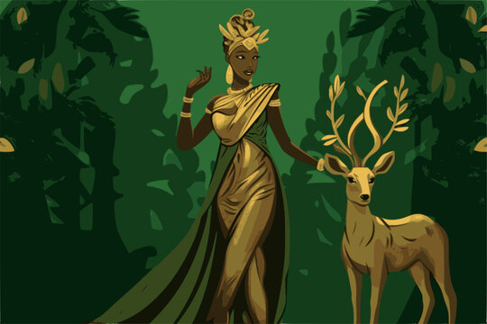 Black Artemis or Diana in golden dress with deer, Greek / roman godess of hunt, moon and women