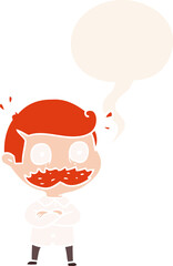 cartoon man and mustache shocked and speech bubble in retro style