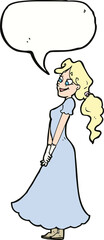 cartoon pretty woman in dress with speech bubble