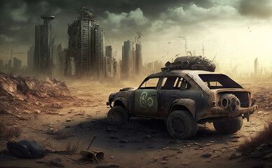 Obraz na płótnie Canvas a car that is sitting in the dirt, destroyed city in the background, apocalyptic art 