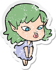 distressed sticker of a pretty cartoon elf girl