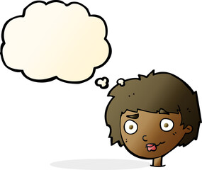 cartoon confused woman with thought bubble