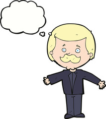 cartoon mustache man with open arms with thought bubble