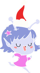 happy alien girl flat color illustration of a wearing santa hat