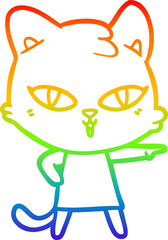 rainbow gradient line drawing cartoon cat in dress pointing