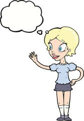 cartoon waving woman with thought bubble