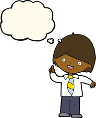cartoon school boy answering question with thought bubble