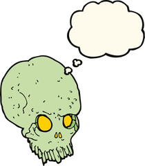 cartoon spooky skull with thought bubble