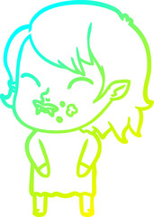 cold gradient line drawing cartoon vampire girl with blood on cheek
