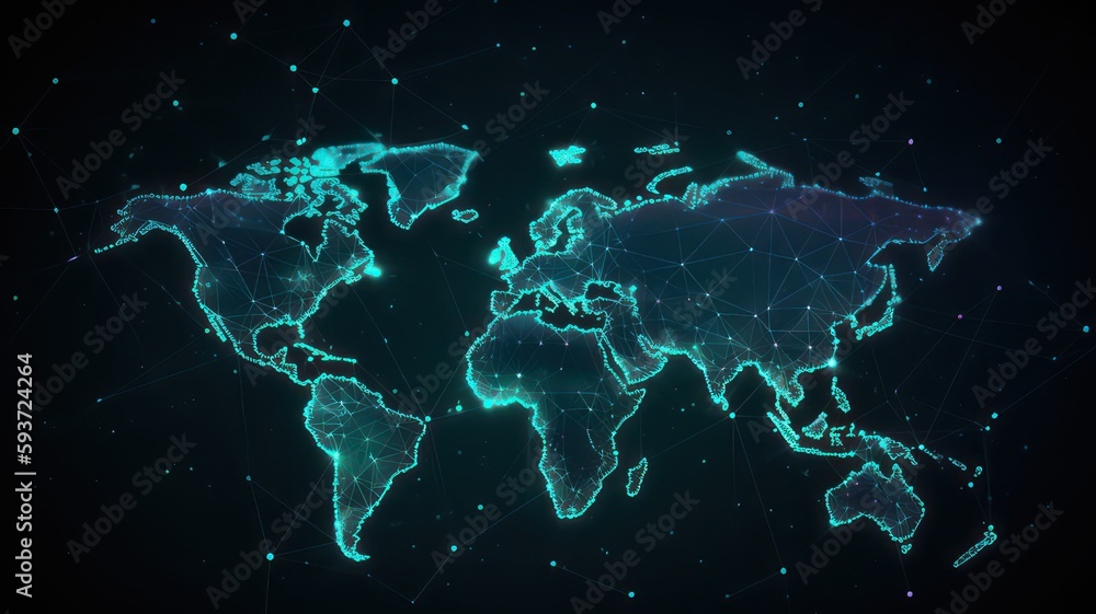Wall mural global map illustration with network connection dots and lines, sci fi background