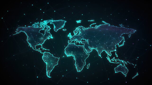 Global map illustration with network connection dots and lines, sci fi background