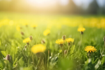 Beautiful meadow field with fresh grass and yellow dandelion flowers against sky. Summer spring perfect natural landscape. generative ai


