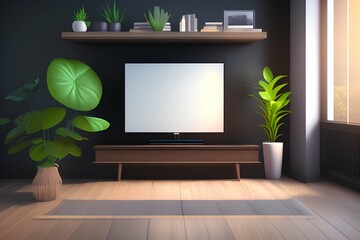 Cabinet TV in the empty interior room, dark wall with wooden shelves, plants and tablewood - generative ai