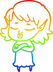 rainbow gradient line drawing pretty cartoon elf girl with corssed arms