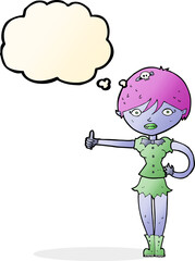 cartoon vampire girl giving thumbs up symbol with thought bubble