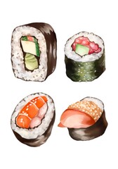 Watercolor set of sushi rolls isolated on white background. Traditional japanese cuisine. Generative AI.