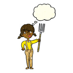 cartoon farmer girl with thought bubble