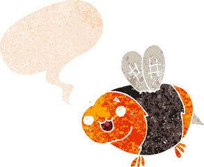 funny cartoon bee and speech bubble in retro textured style