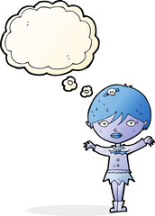 cartoon waving vampire girl with thought bubble