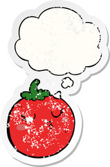 cartoon tomato and thought bubble as a distressed worn sticker
